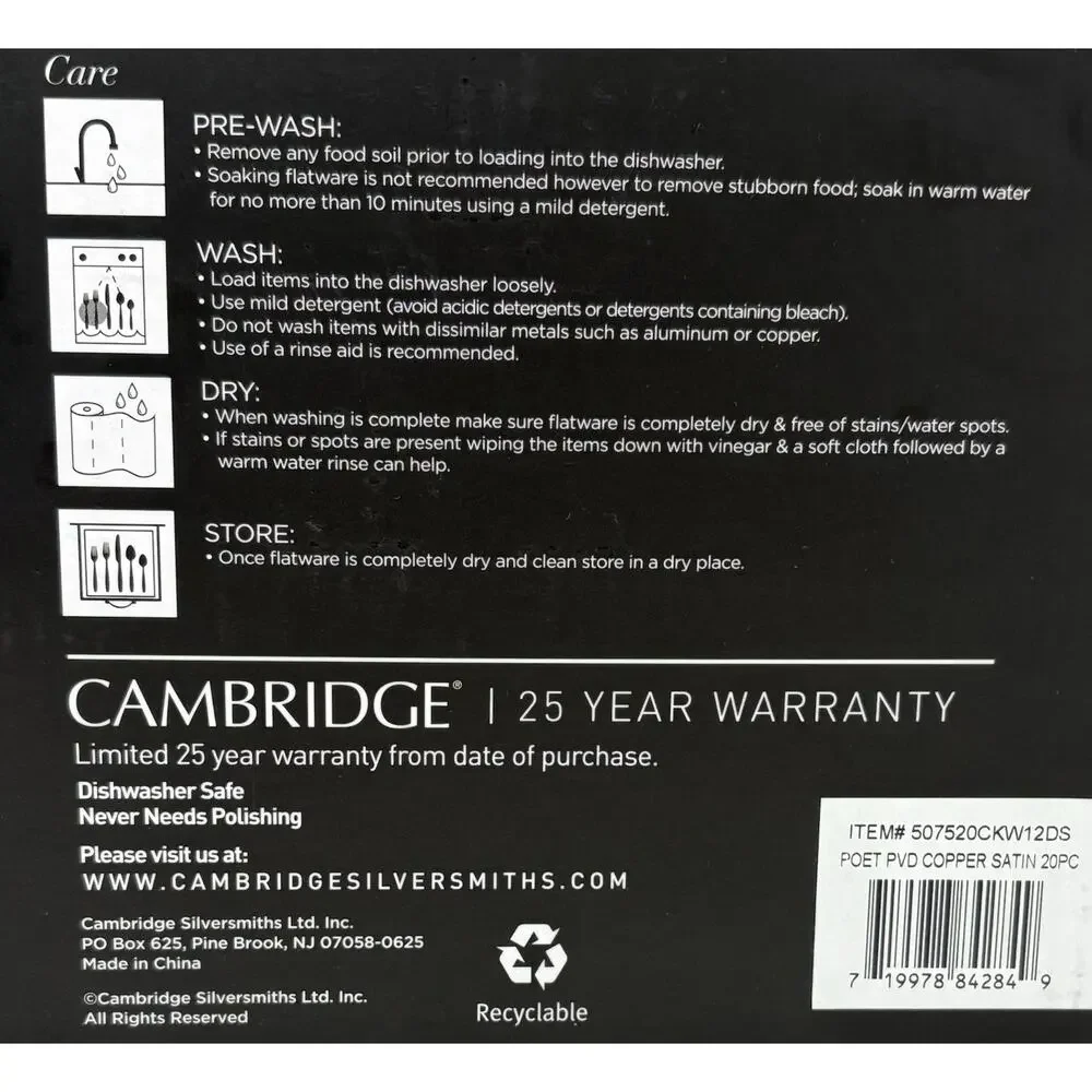 Cambridge Silversmiths Poet Copper Satin 20 Pc. Flatware Set for 4 Titanium